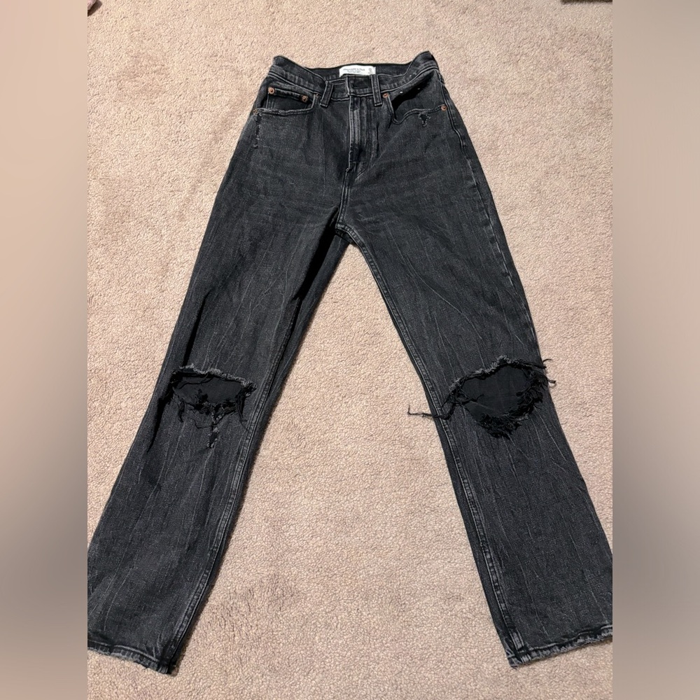 Abercrombie washed black straight high rise ankle jeans, distressed knees